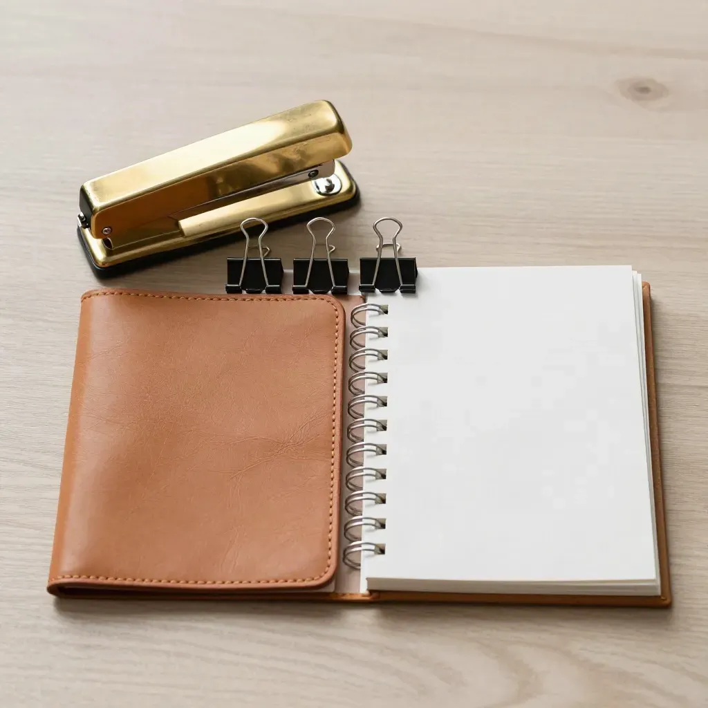 Messing nietmachine, vier binderclips, leren folio en tabs op licht hout.