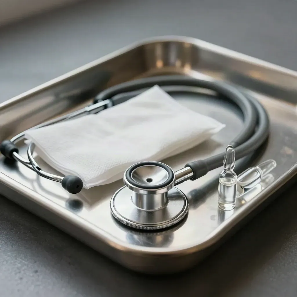 Stalen medische tray met stethoscoop, gaaspack en twee ampullen op geborsteld staal.