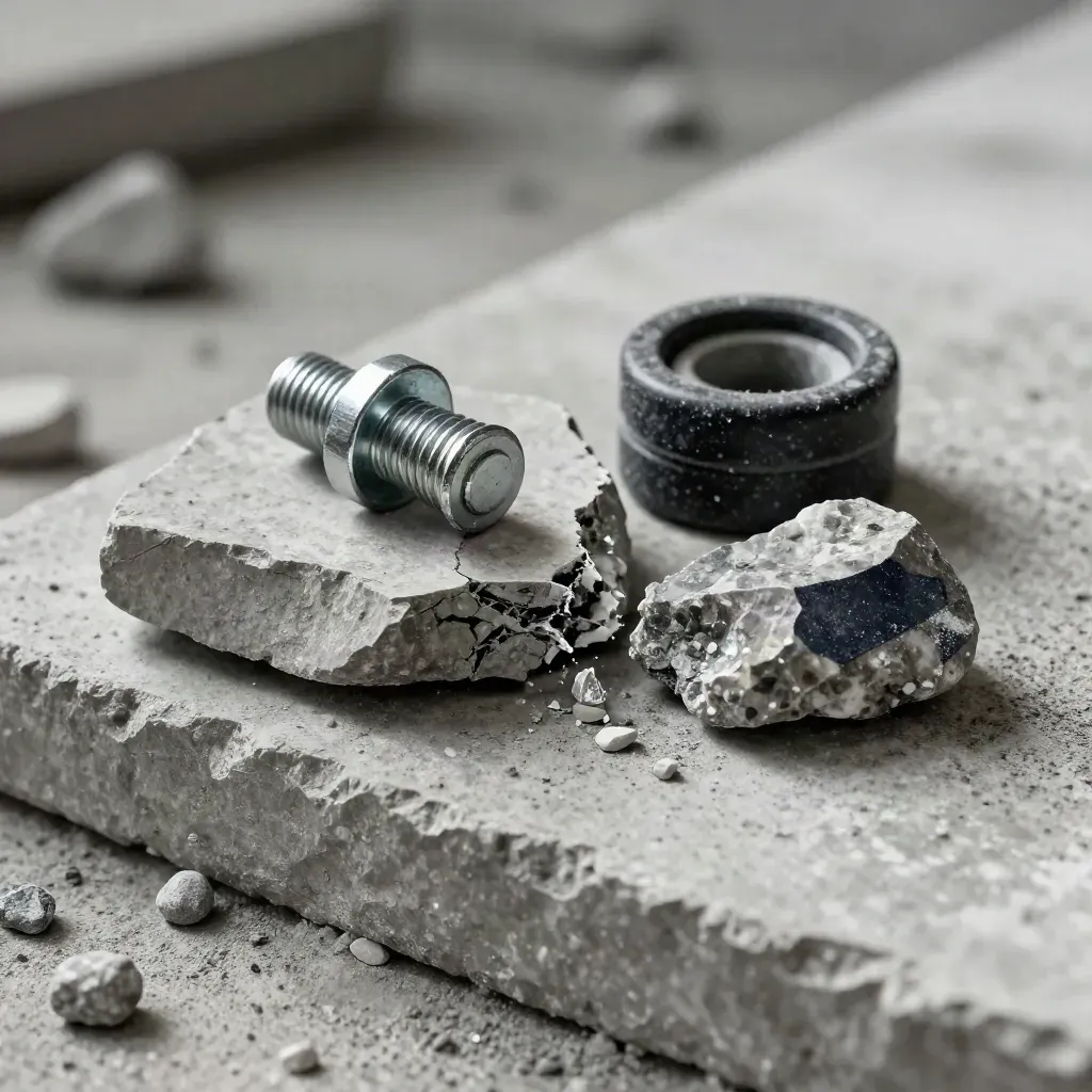 Betonkernmonster met bout, rubber spacer en steensplinter op ruwe betonplaat