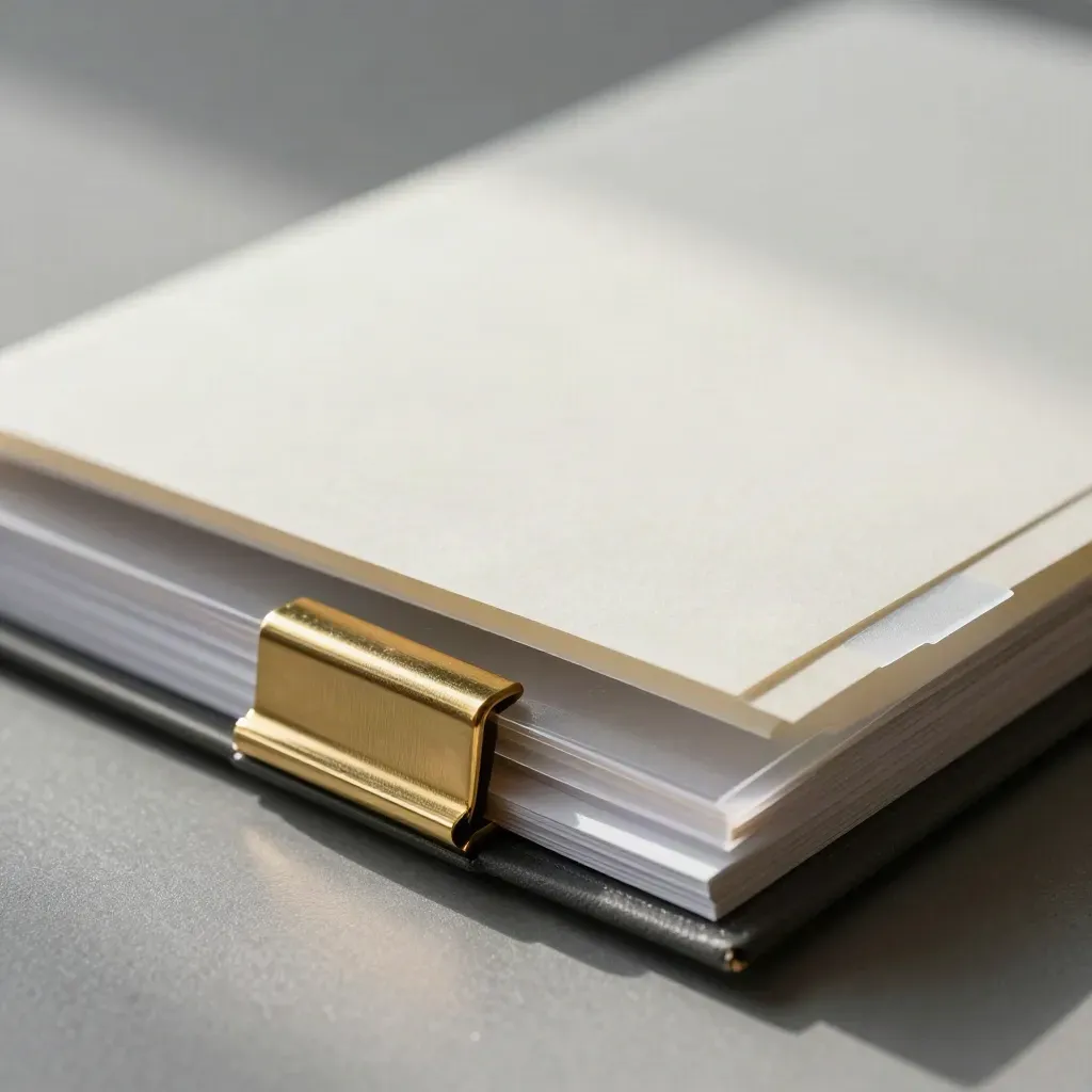 Bovenaanzicht van een gesloten auditfolio met transparante tabbladen en messing clip op grafiet.