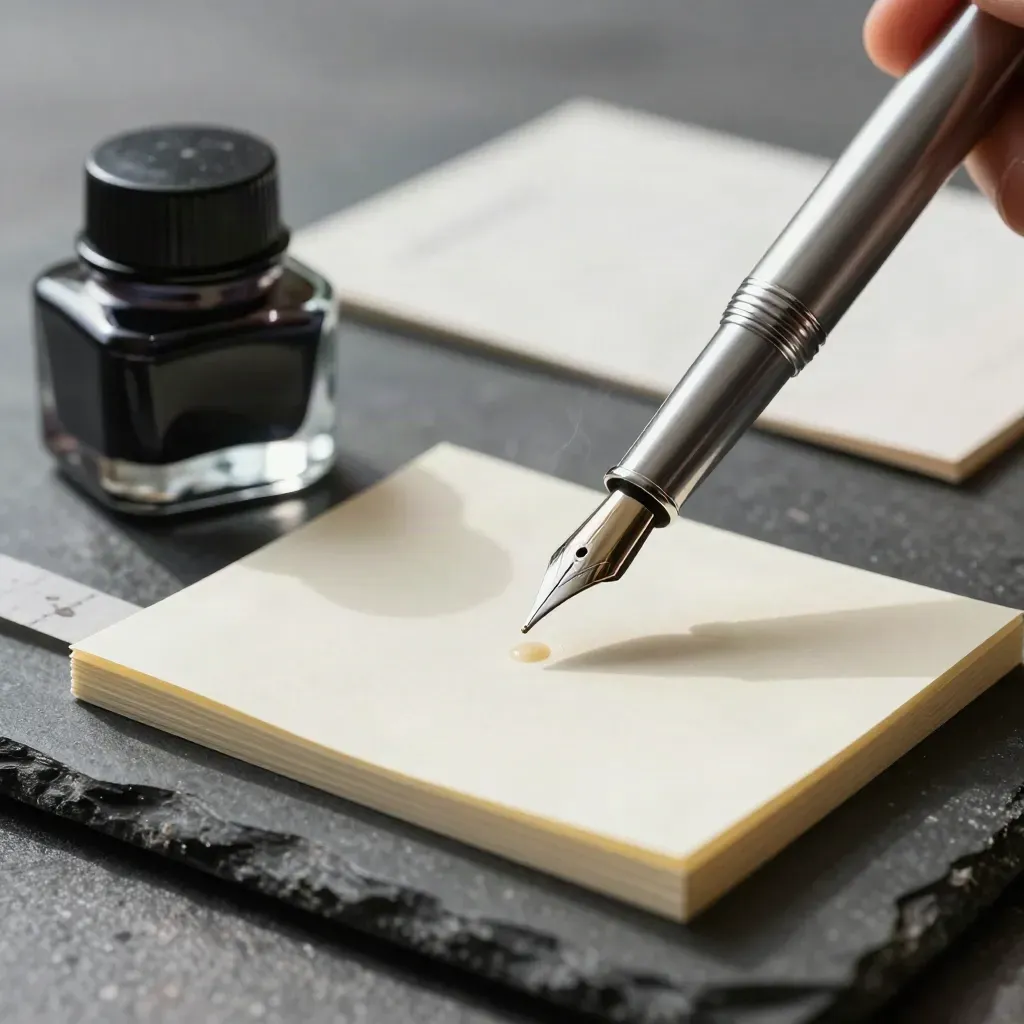 Macro van schrijverset met penpunt, inktpot en kaartjes op donkere steen.