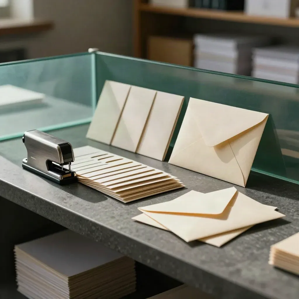 Schuine still life van envelopsluiters, kaartmallen en gevouwen enveloppen op grafietsteen.