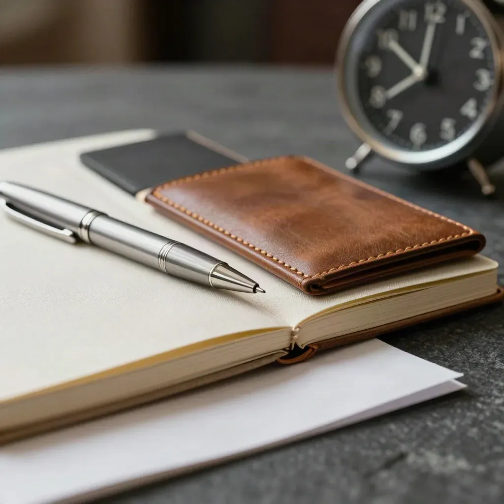 Macro van een compact werkkit met notitieboek, pen, kaartwallet en klokje op donkere steen.