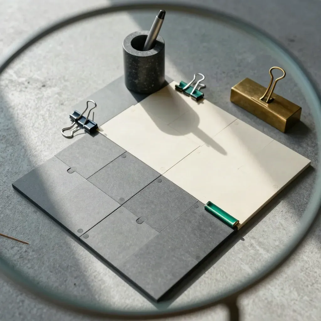 Bovenaanzicht van modulaire blokken, binderclips, penhouder en messing paperweight op leisteengrijze ondergrond.