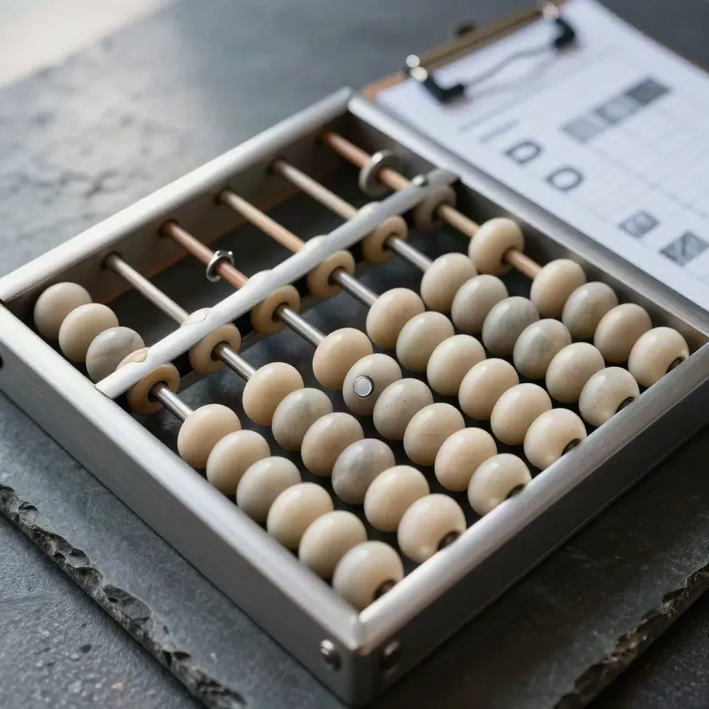 Bovenaanzicht van een abacus, tellers en planningcards op donkere steen.