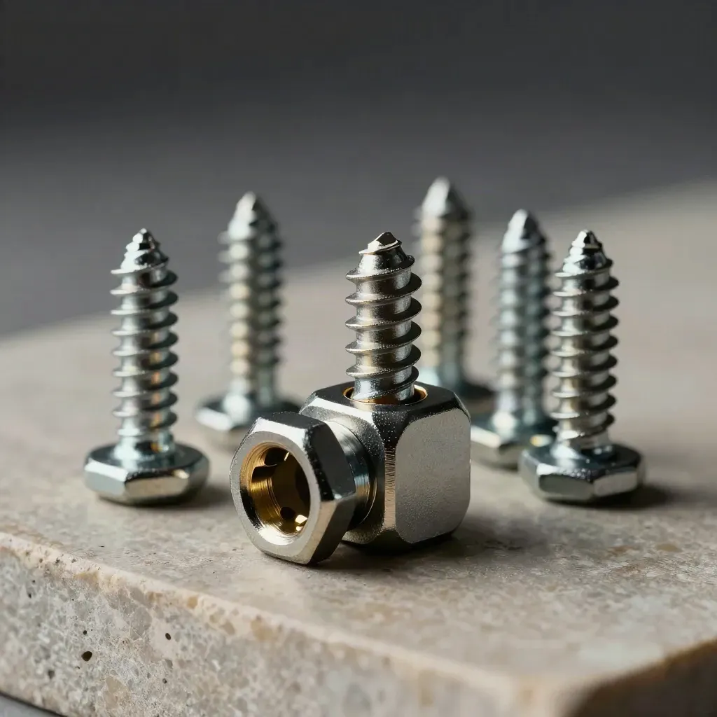 Hexschroeven, joint block en connector collar in dramatisch licht op een stenen ondergrond.