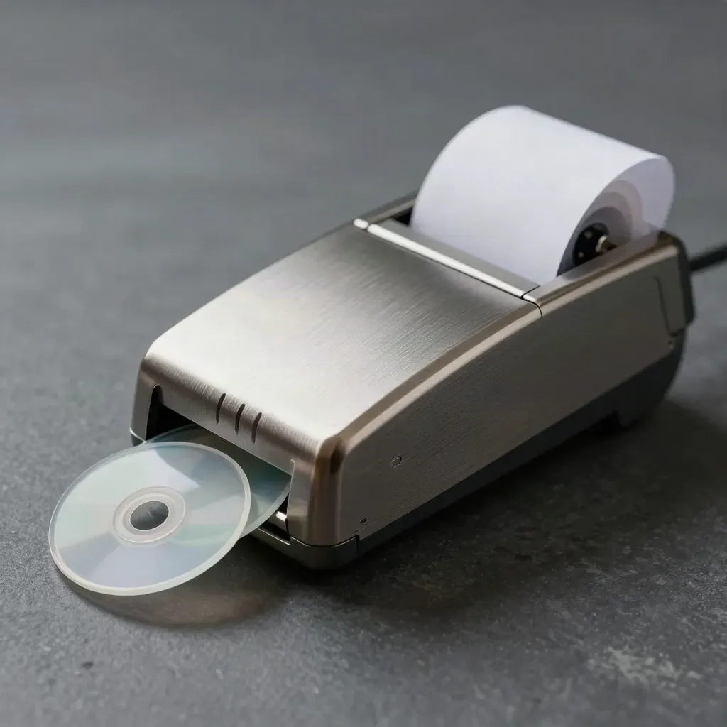 Macro van een kaartterminal met kabel, token discs en papieren rol op een grafieten ondergrond.